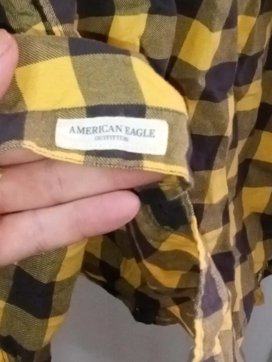 XL Classic Fit American Eagle Cabincore Yellow Black Plaid Shirt Soft Preppy Y2K - Picture 7 of 10